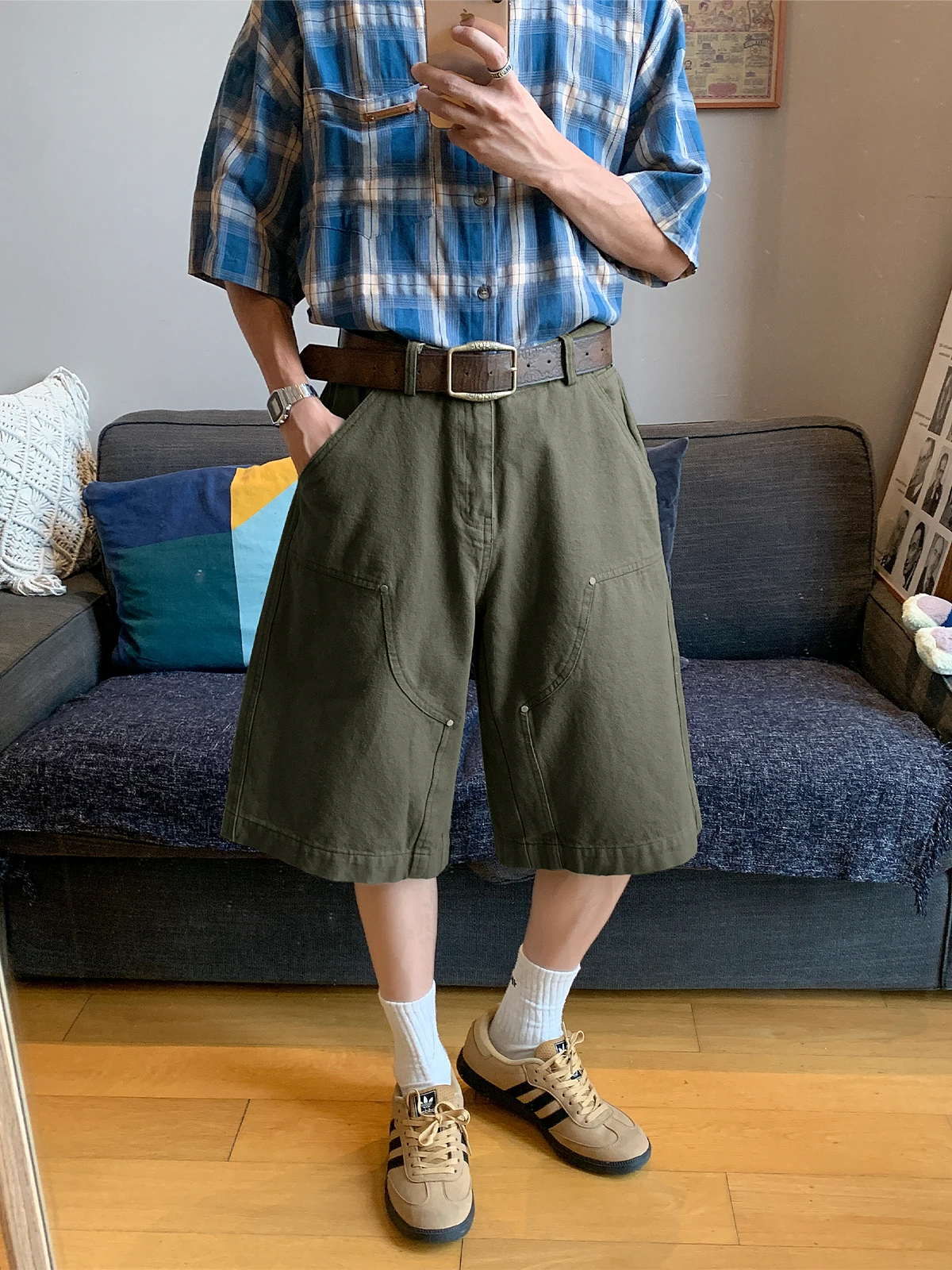 

Повседневные широкие рабочие брюки в стиле милитари с заклепками семи четвертей, летние винтажные брюки выше колена со средней талией для отдыха