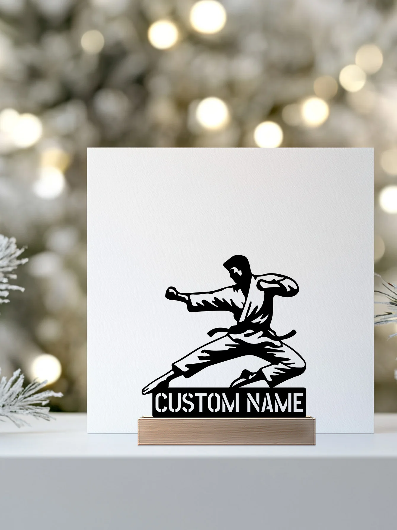 1pc Abstract Karate kongfu Custom Name Metal Statue With Wood Base Iron Ornament Tin Sculpture Handicraft With Wood Base