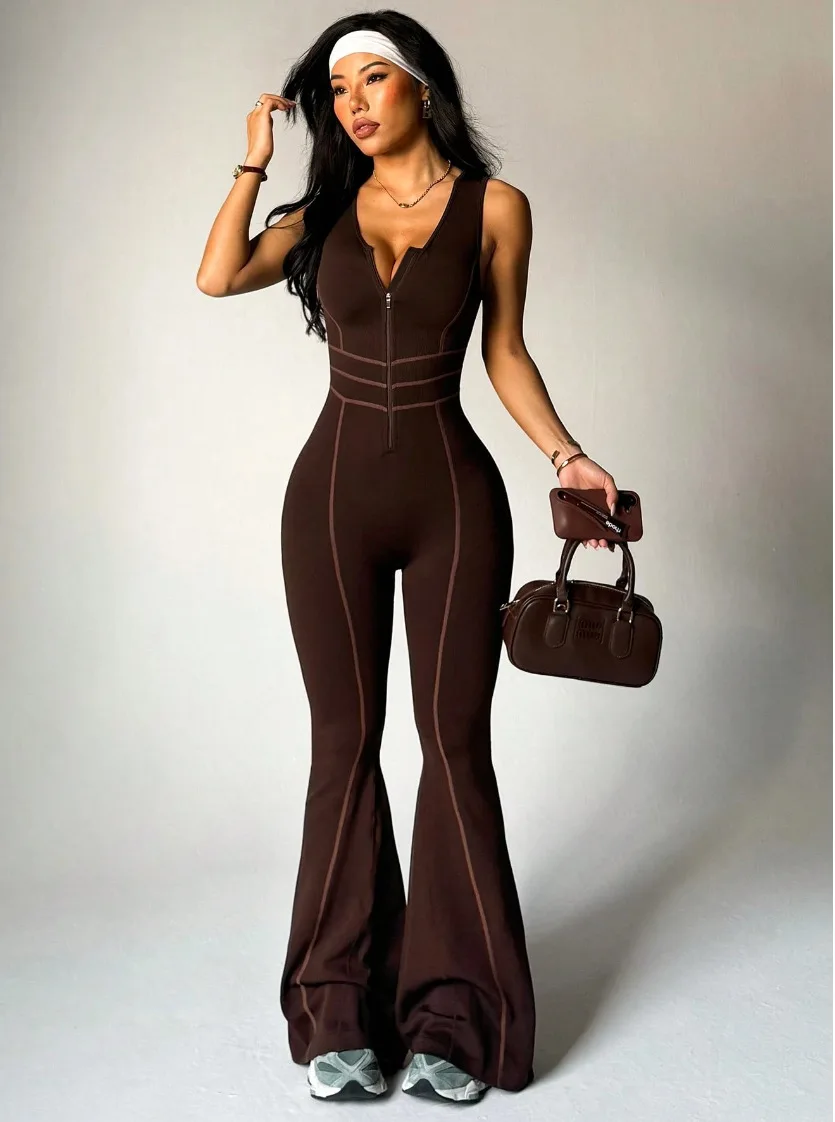 Backless Heart Cutout Bodycon Jumpsuit V-Neck Front Zipper Sleeveless Jumpsuit Workout Yoga Dance Athletic Outfit Pole Dance