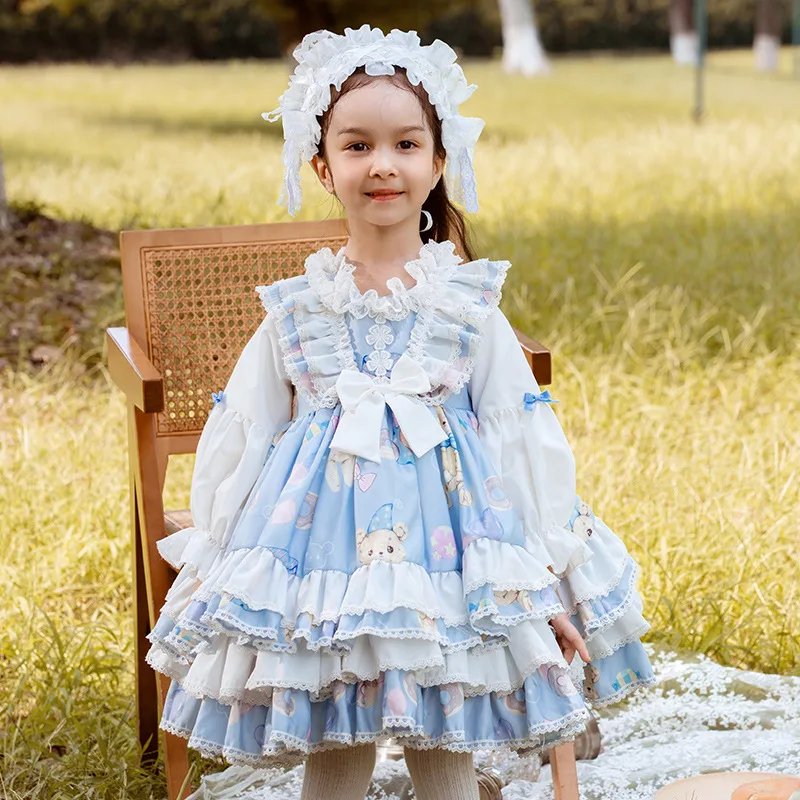 Girl Cartoon Bear Print Lolita Dresses Children Lace Bow Embroidery Ball Gown Kid Christmas Birthday Princess Party Ruffle Dress