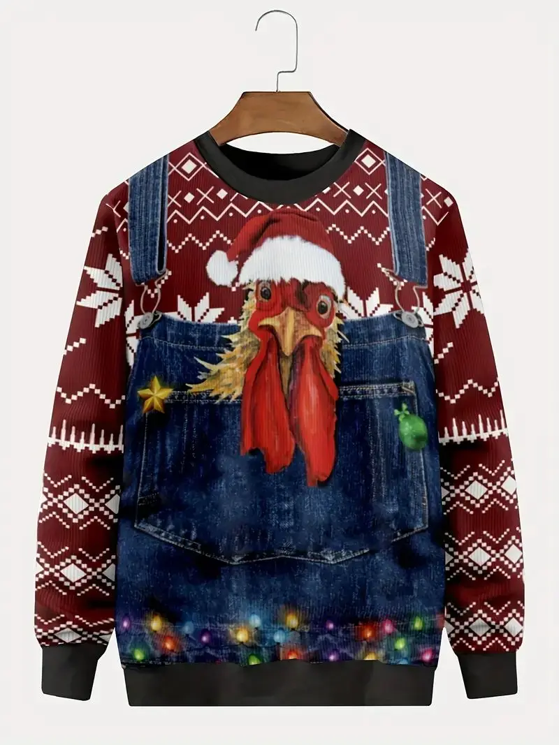 Men's Festive Rooster Santa Hat 3D Printed Long sleeve crew neck pullover - vintage style, polyester blend, plus size