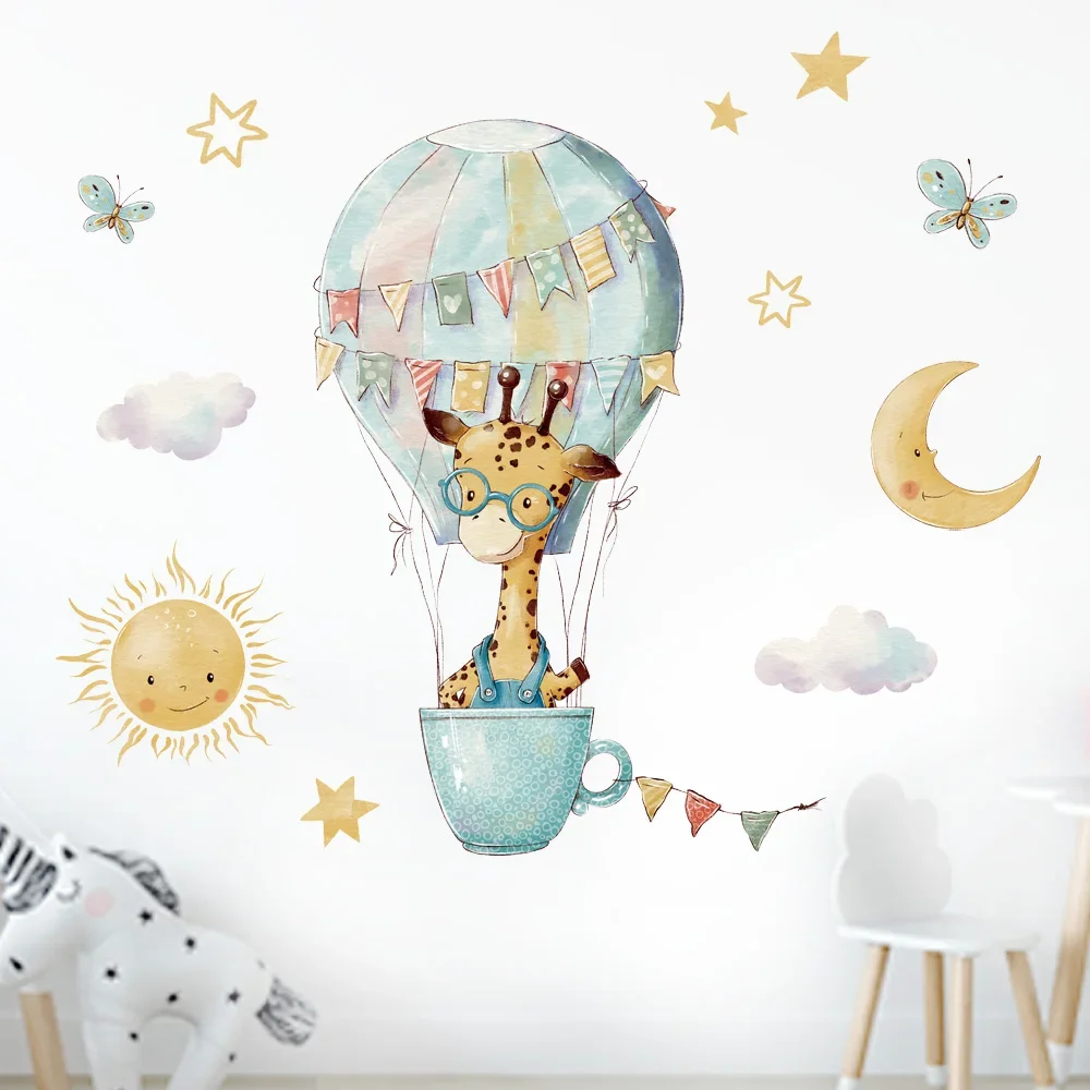 Cartoon Animals Cup Hot air Balloon Wall Stickers for Kids Baby Room Nursery Decor Removable PVC Decal Bathroom Window DIY Mural