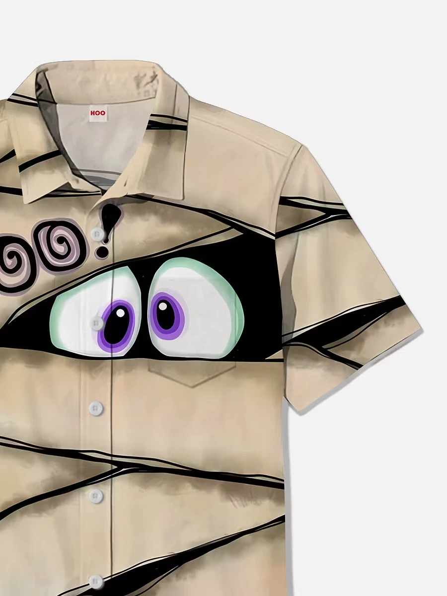 Men's Hawaiian Short Sleeve Shirt Halloween Mummy Bandage Spider Boo Cartoon Eye Print Holiday Casual Beach Mens Clothing