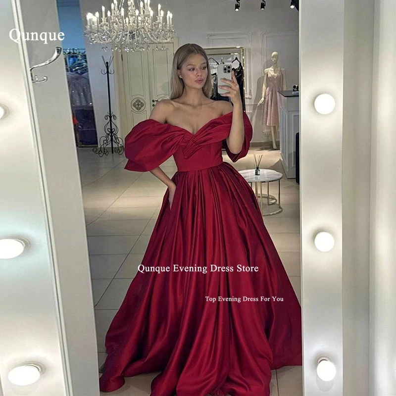 

Qunque Elegant Burgundy Satin Evening Dresses Women Off The Shoulder Sleeves Party Gowns A-line Special Occasion Party Dress