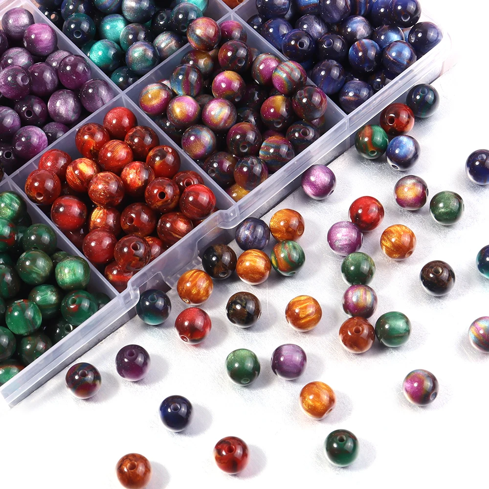 50 Stück 8mm Dunkle Farbe Imitation Katzenauge Harzperlen Glitzer Sternenhimmel Runde Lose Perlen für Schmuckherstellung DIY Armbänder Halskette – Detail 3