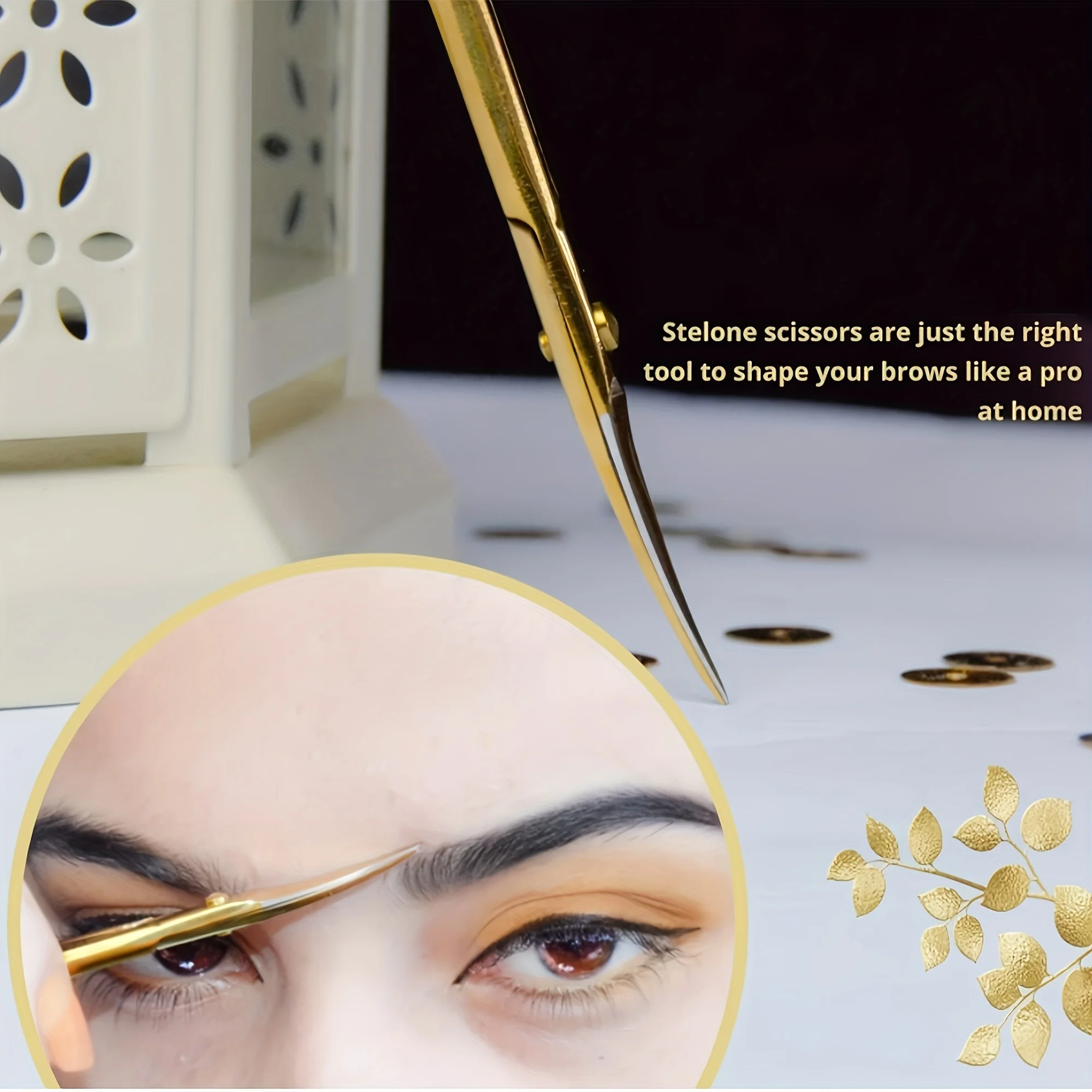 1pc tesoura de beleza curvada dourada pinça de precisão afiada de aço inoxidável para aparar sobrancelhas, durável