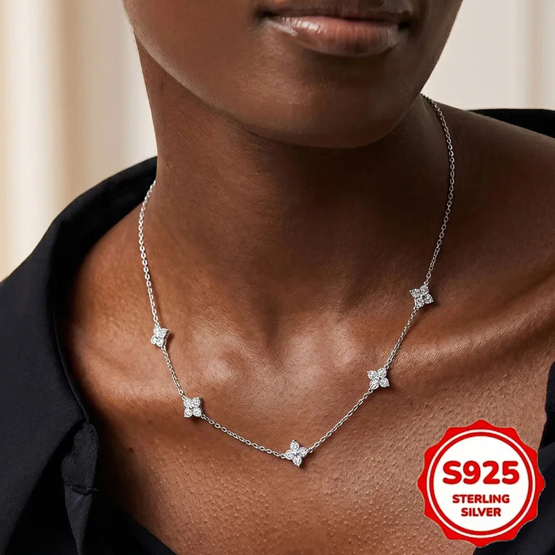 Delicado Collar con Hoja de la Suerte para Mujer, Plata de Ley 925, Chapado en Oro de 14K, Bonito Colgante de Flor con Circonitas, Gargantilla, Joyería de Moda, Regalos
