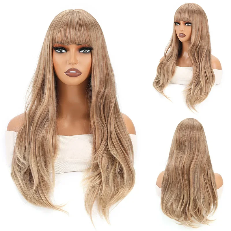 

Beauty Wig Brown Long Curly Hair Qi Bangs Water Ripple Daily Realistic Wig Full Headgear