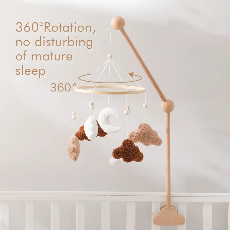 Baby Rattle Toys 0-12Months Wooden Bed Bell Cartoon Cloud Lamb Hair Mobile Hanging Toy Hanger Crib Mobile Toys Bracket Kid Gifts