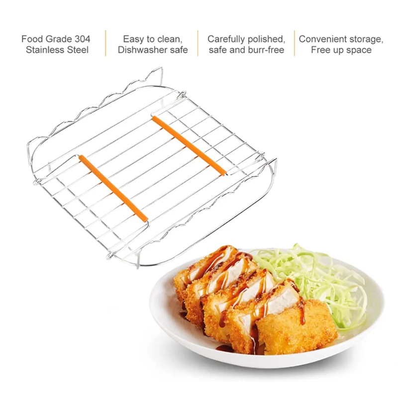 Stainless Steel AirFryer Grill Rack 8 Inch Versatile Square Roasting Grill with Skewers Baking Tray AirFryers Holder image 3