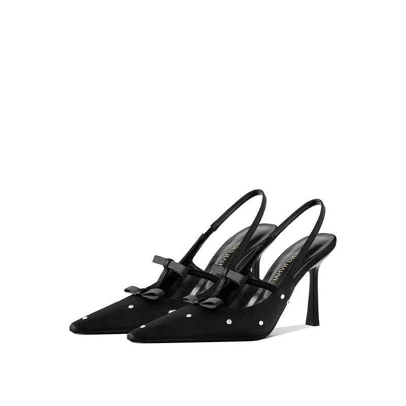 Sandalias de Tacón de Aguja con Punta Puntiaguda y Adorno de Lazo en el Talón, Color Negro/Marrón Café, para Mujer, Ideales para Fiestas y Oficina