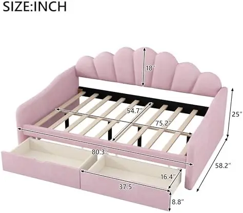 Full Size Upholstered Daybed Frame with Shell-Shaped Backrest & 2 Storage Drawers - Bedroom/Guest Room Sofa Bed (Pink)