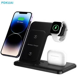 Chargeur sans fil 3 en 1 pour iPhone 15, 14, 13, 12 Pro Max, 11, 15W, Station de charge rapide S6 pour Apple Watch, Airpods, Support à induction