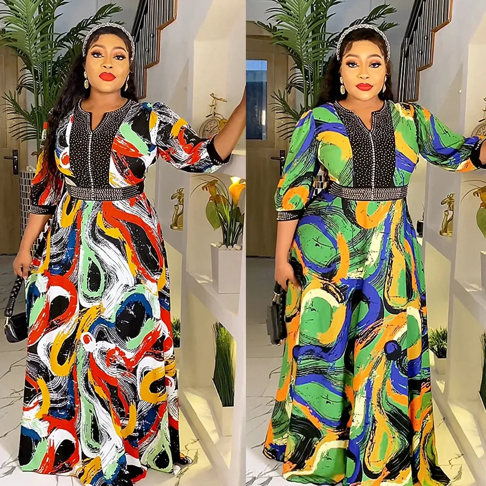 African Daimonds Print Dresses for Women Ankara Dashiki Muslim Dubai Abaya Turkey Kaftan Plus Size Boubou Robe Africa Clothing