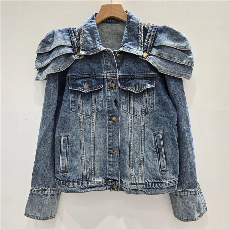 Denim Jacket Women Washed Vintage Coat Removable Shoulder Pads Streetwear Jackets Distressed Female Outerwear Spring 2026
