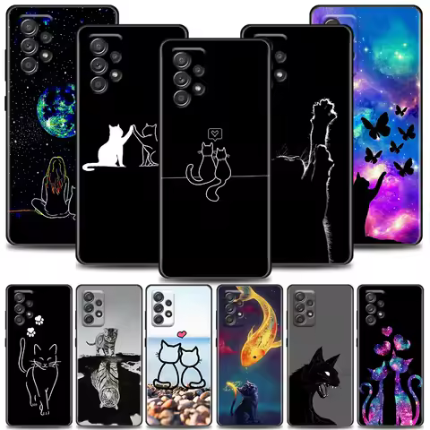 Funny Cartoon Black Cat Line Art Case For Samsung Galaxy A32 A14 4G A33 5G Case A13 A23 A31 A02 A03 A22 A24 Soft Silicone Cover