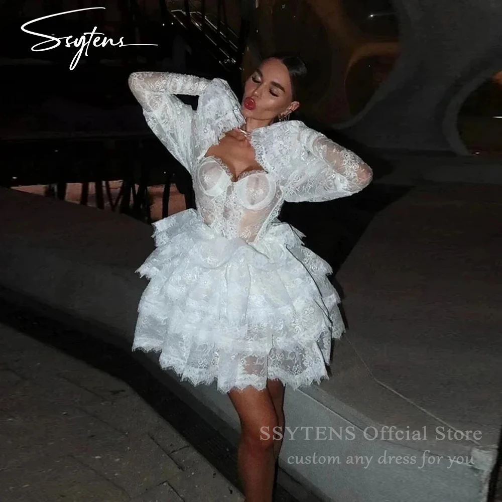

SSYTENS White Short Wedding Dresses Long Puff Sleeves Mini Wedding Gown for Women 2026 Ruffle Sweetheart Bride Dress Customized