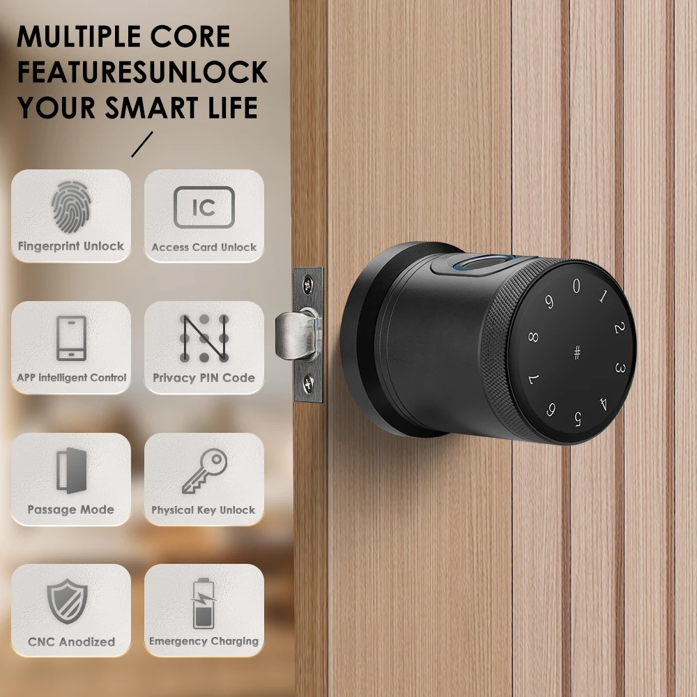 Tuya Devices Bluetooth Smart Fingerprint Recognition Door Lock Smart Home Automation Knob Digital Electronic Lock App Control