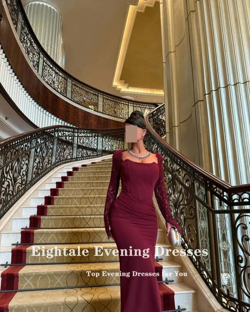 فساتين سهرة عربية Eightale على شكل قلب وأكمام طويلة مخصصة مطاطية عنابي حورية البحر فساتين حفلات رداء السهرة