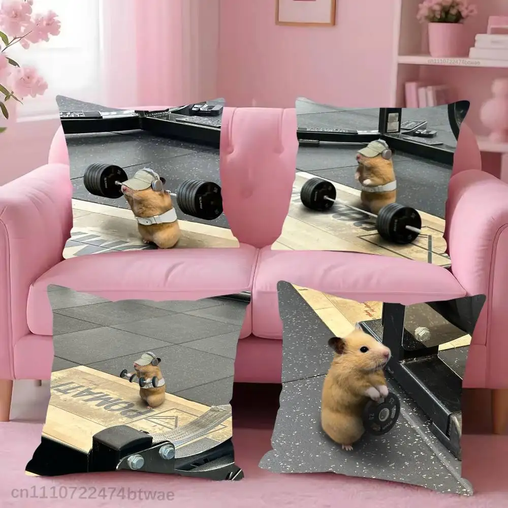 Gym Muscle Hamster Meme Cute Pillow Case For Sofa Bedroom Living Room Plush Cushion Cover Decorations and Protector