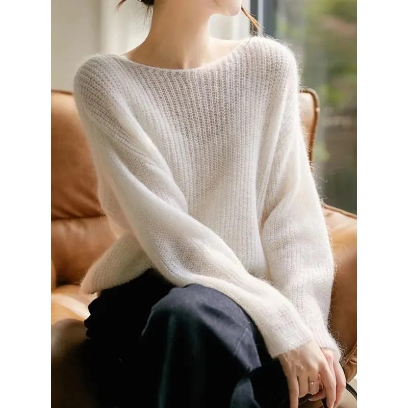 

Elegant See-through Women Sweater Pullover Loose Jumper Autumn Winter Soft Warm Women Knitwear Sweater Basic Solid Cashmere Tops