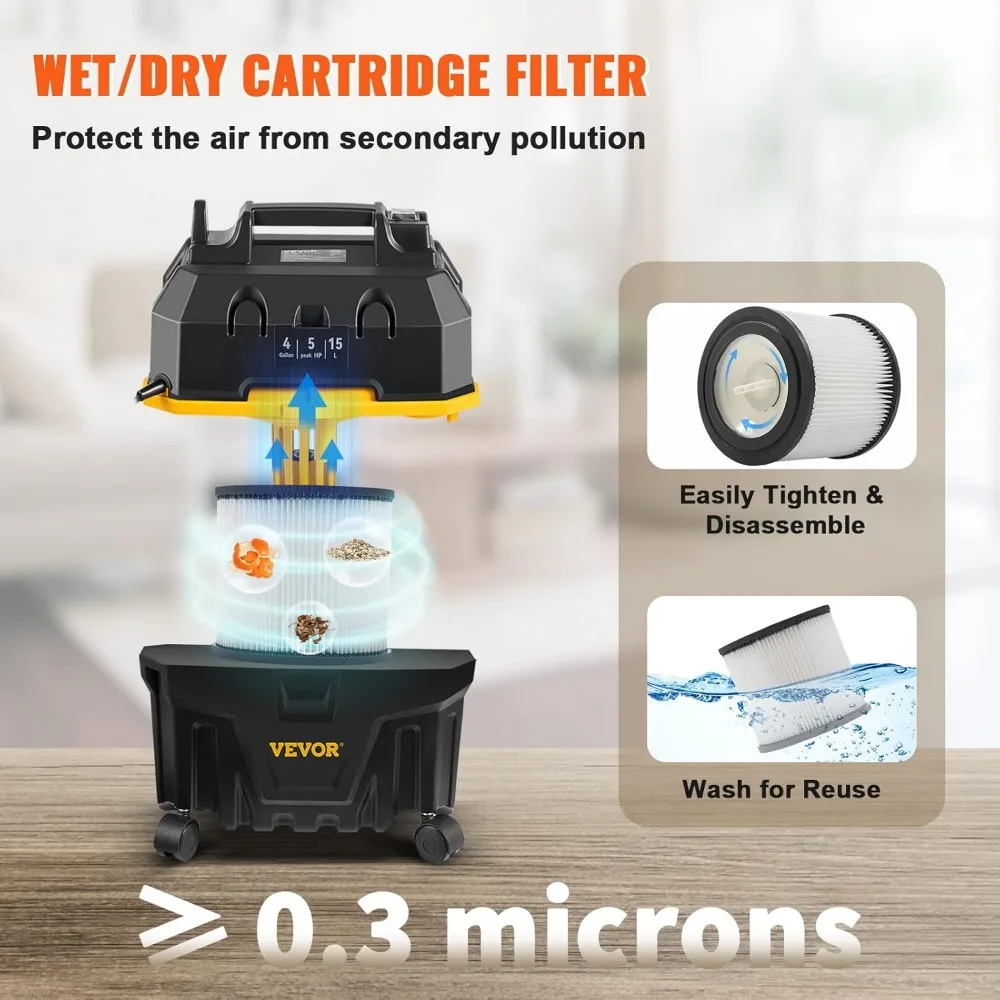 Пылесос для влажной/сухой уборки на 4 галлона с пиковой мощностью 5 л.с., функцией вентилятора и насадками для щелевого инструмента 3-в-1