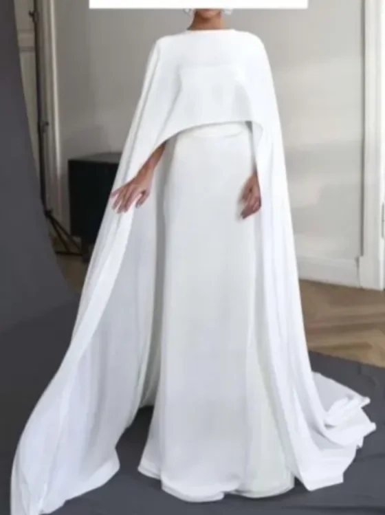 

OLOEY Simple White Formal Evening Dresses With Cape Long Sleeves Dubai Arabic Floor Length Prom Gowns Special Occasion Dress