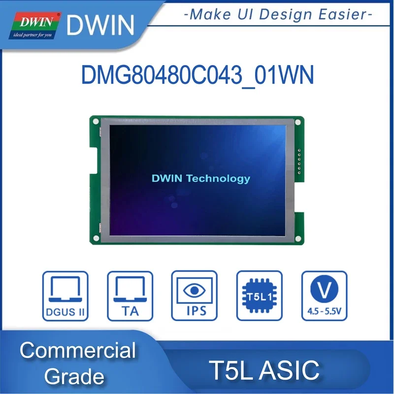 DWIN 4.3 인치 TFT LCD 모듈 800*480 픽셀 상업용 터치 스크린 TTL 스마트 디스플레이 HMI DMG80480C043_01W/02W