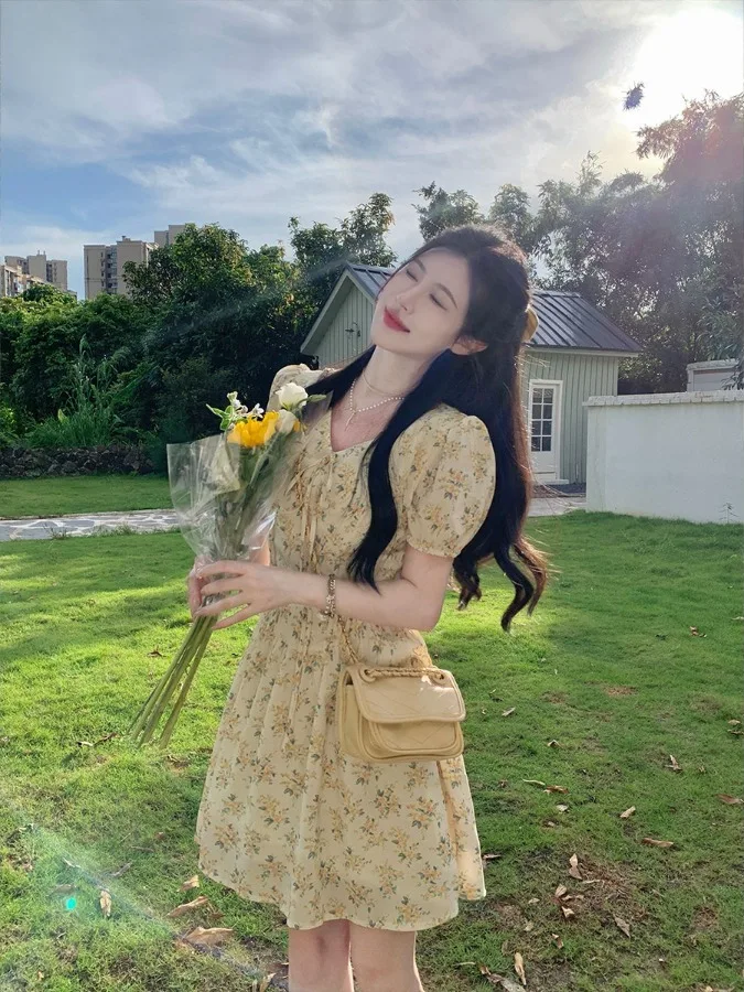 

New Chinese Style plus Size Floral Print Summer Dress Women's Sweet Breeze High Waist A-Line Short Sleeve V-Neck Dress