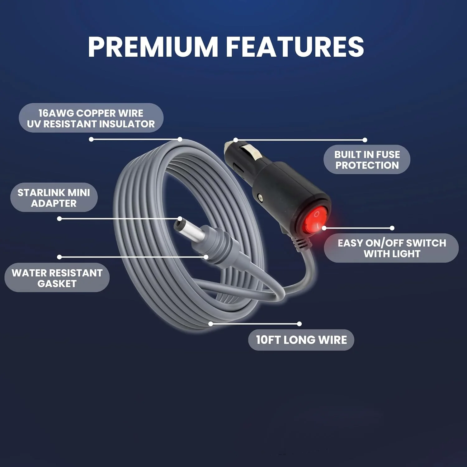Cable de alimentación DC 12-24V para Cable de carga de coche Starlink Mini 16AWG con interruptor indicador LED contra sobretensiones Cable eléctrico Plug & Play