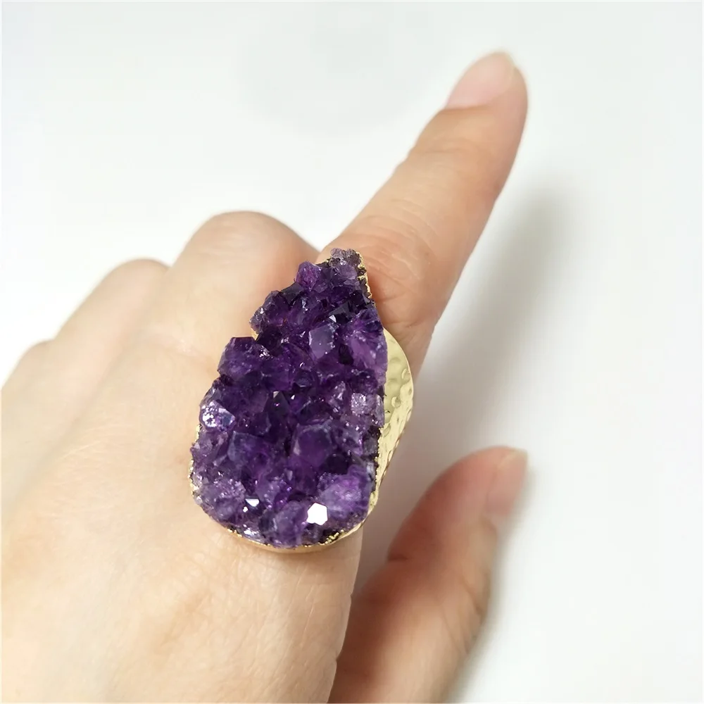 1Pc Natural Water Drop Amethyst Cluster Ring,Golden/Silvery Plated Semi Precious Stone Jewelry For Valentine's Day Gift RG043