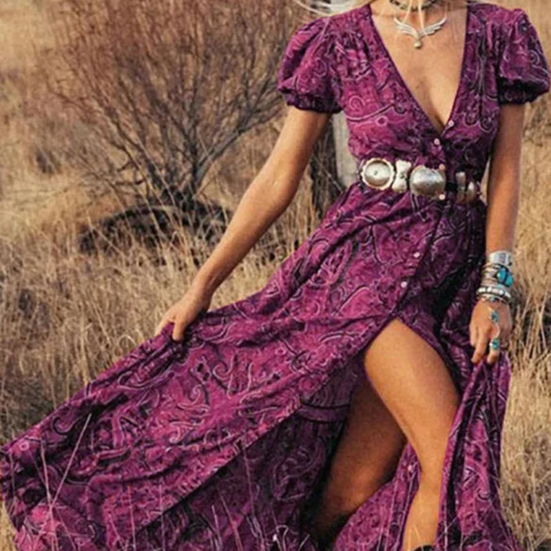 Abito lungo Boho Vintage con stampa floreale in Chiffon con scollo a v estate Gypsy Hippie abiti da donna Vestidos