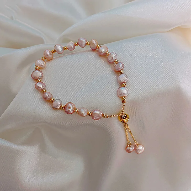 

Baroque Natural Freshwater Pearl Girlfriend Bracelet Fashion Design Sense Sister Hand Jewelry Champagne Gold Natural Color Green