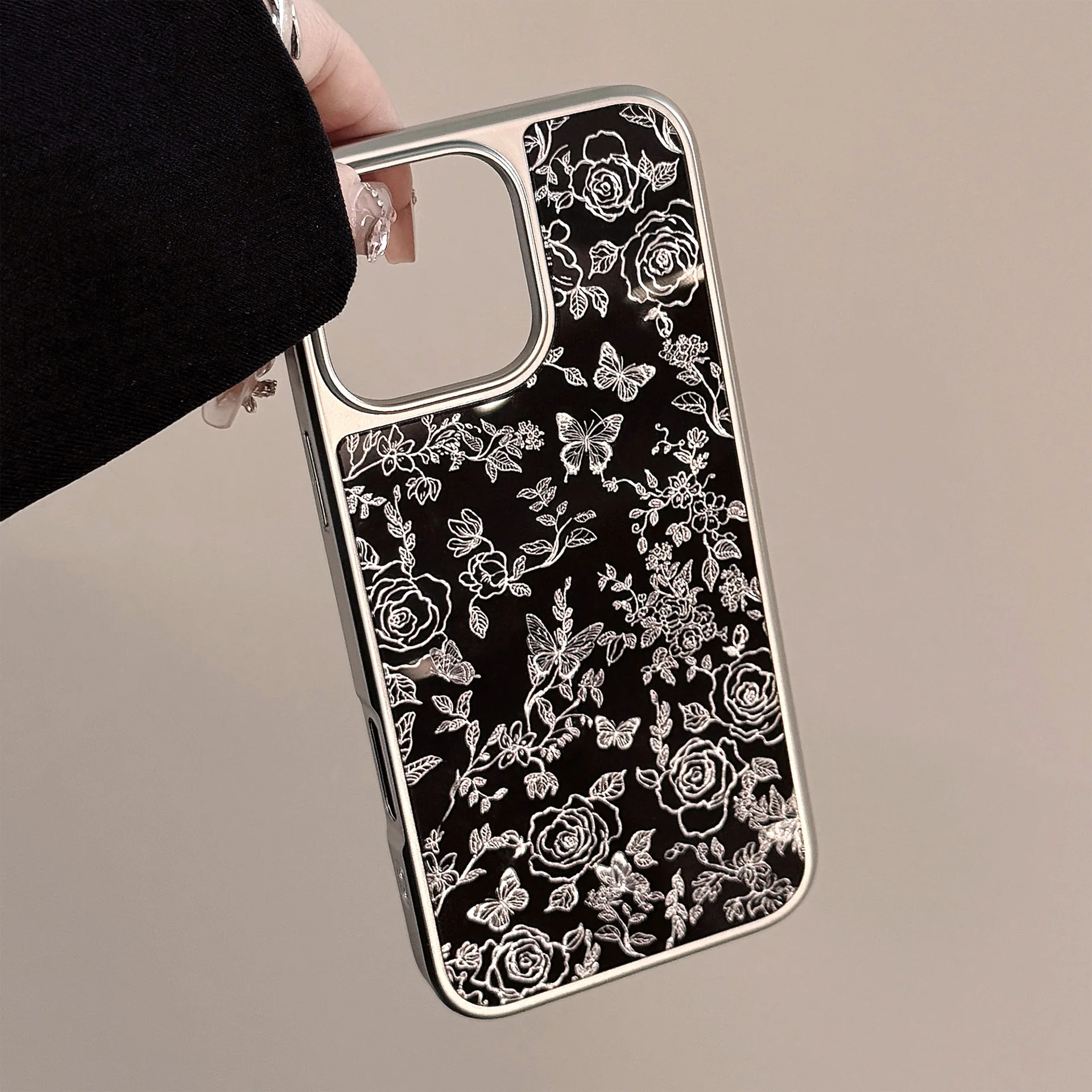 Retro-Linienblumen-Schmetterlingsmuster, silberne Randbeschichtung, Handyhülle für iPhone 17, 16, 15, 14, 13, 12, Pro Max, stoßfeste Hartschale