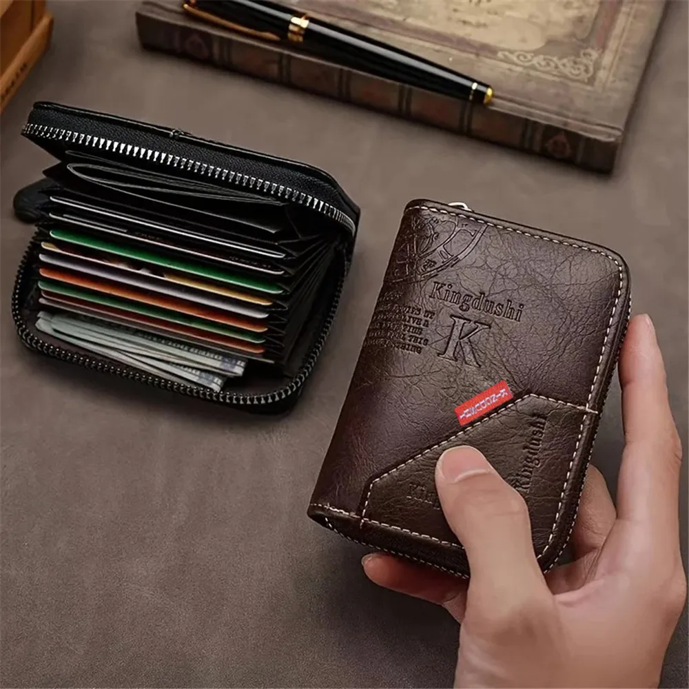 ​​Vintage PU Leather Slim Wallet - Zipper RFID Blocking 11-Slot Card Holder, Retro Style Gift for Men & Women, Classic Design​