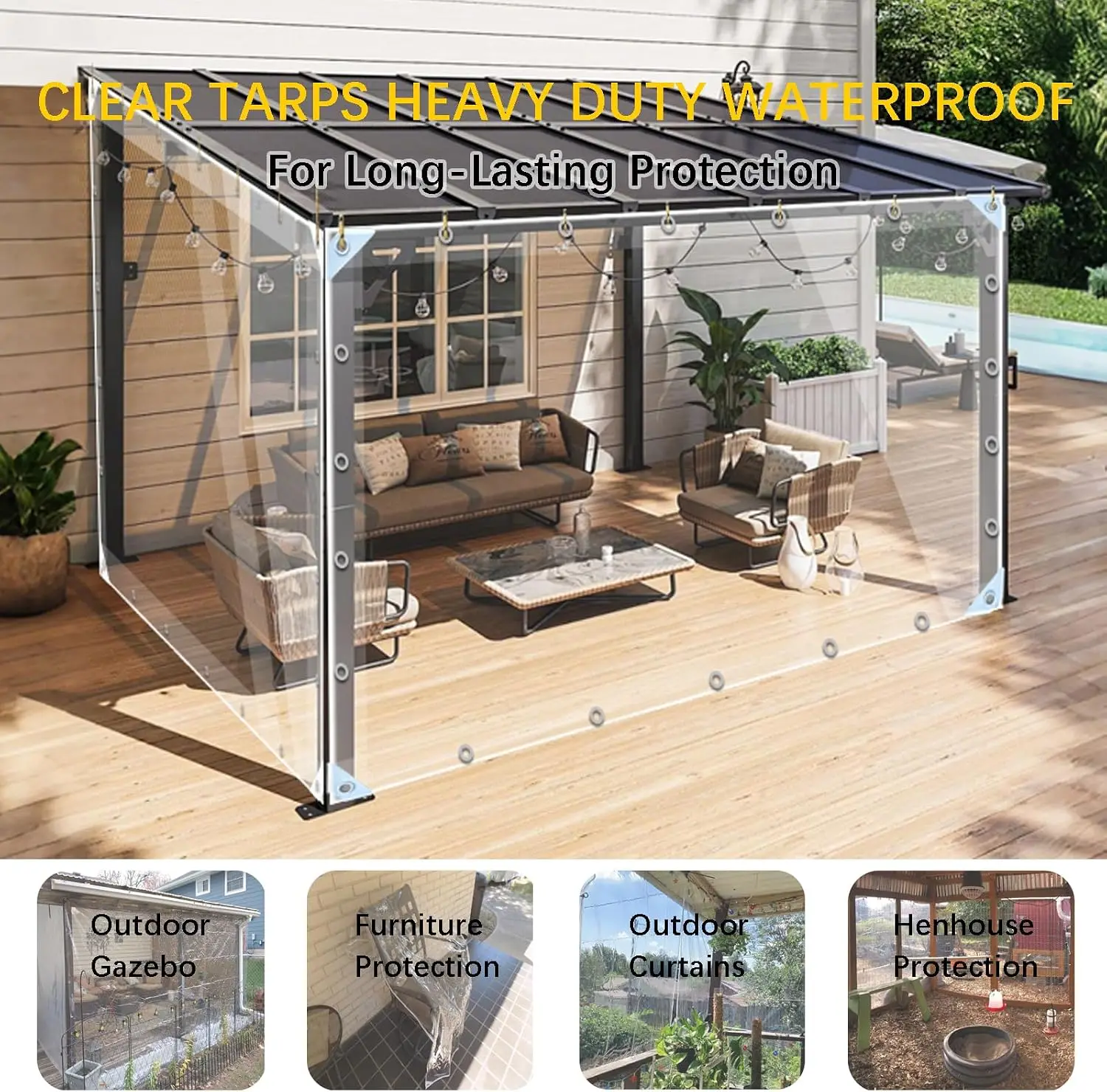 Clear Tarps Heavy Duty PVC, Transparent Tarp Durable Waterproof Dustproof Windproof, Tarpaulin with Grommets & Ropes