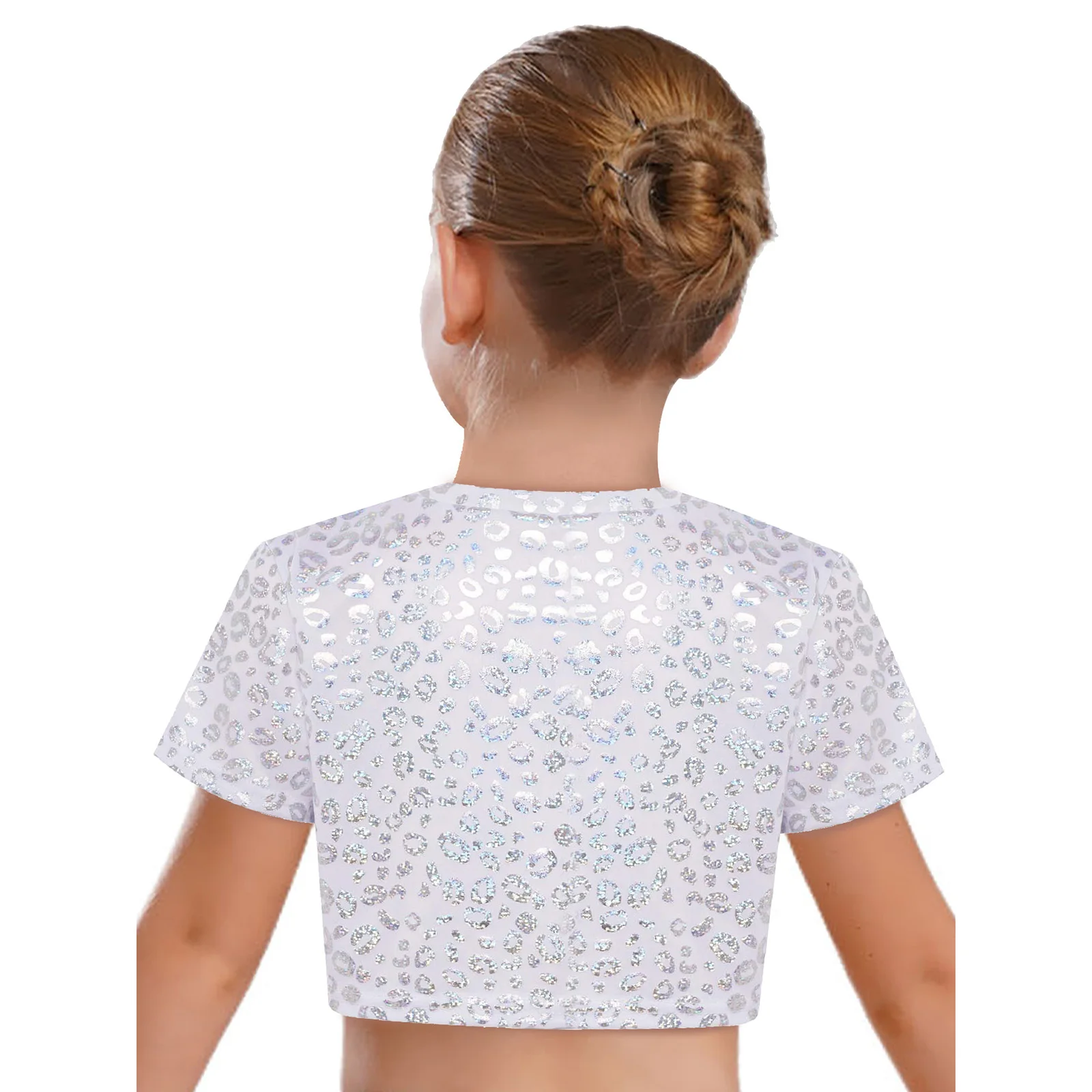 เด็กสาวเชียร์ลีดเดอร์ชุดเต้นรํา METALLIC Leopard พิมพ์แขนสั้น Crop TOP เสื้อ + กระโปรง Ruffled JAZZ DISCO Dance เครื่องแต่งกาย