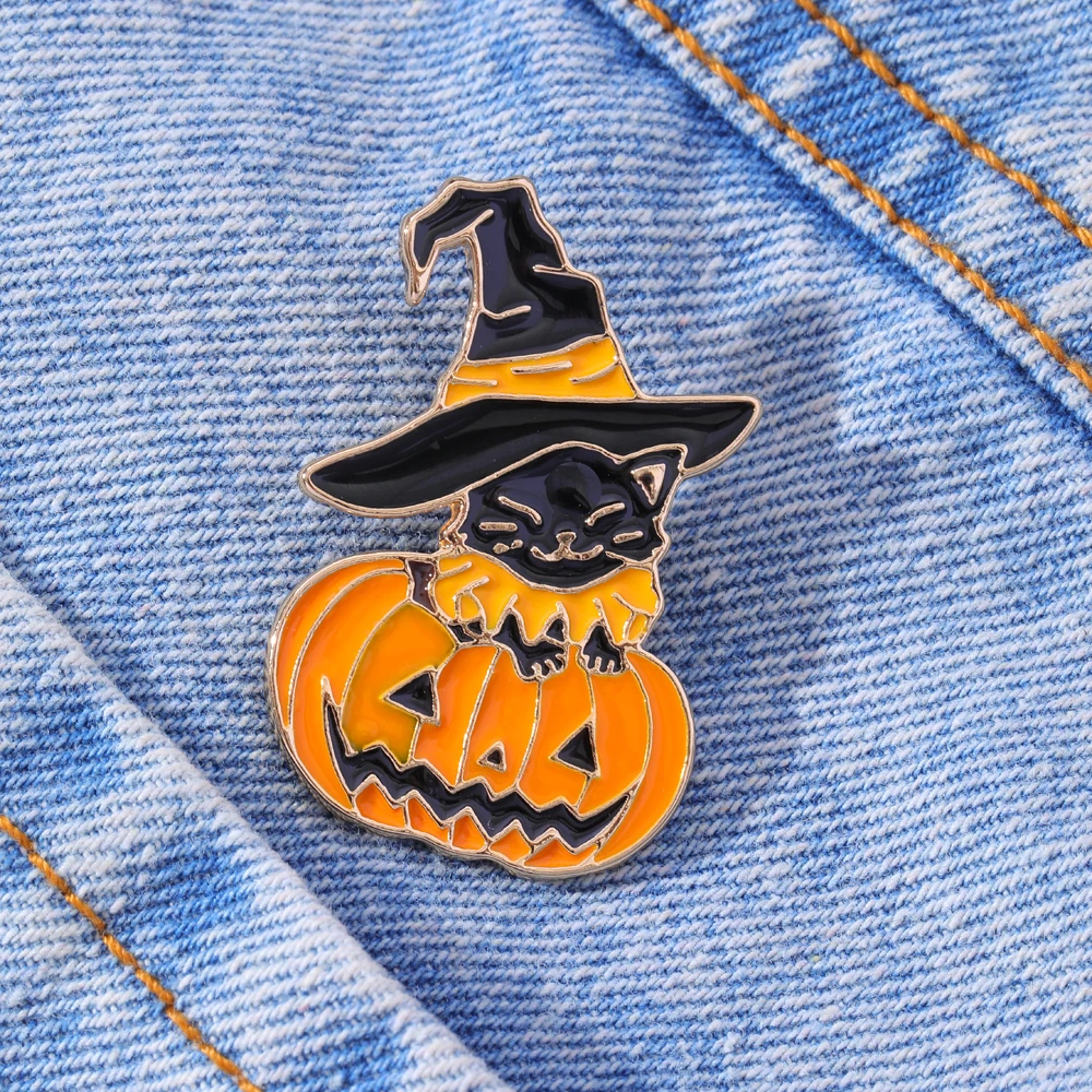 Horrible Demon Pumpkin Head and Wizard Hat Cat Enamel Pins Classic Halloween Black Kitten Golden Brooches