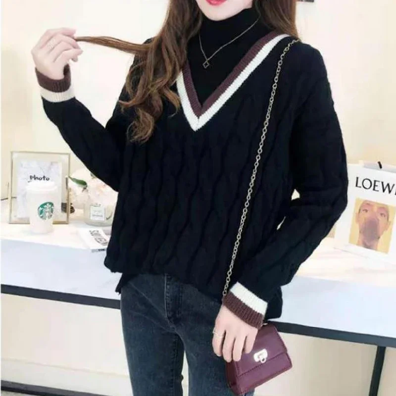 Women Trendy Patchwork Twist Streetwear Plush Thick Knitted Sweater Autumn Winter Casual Long Sleeve Loose Pullover Tops Jumpers