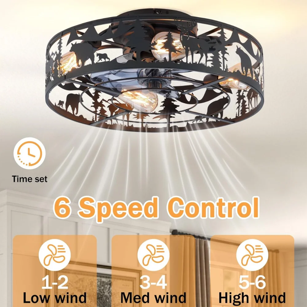 Ironwork Ceiling Fans Lights Remote Control 6 Speeds Black Caged Elk Bear Fan Lights for Livingroom Bedroom Hallway Lighting