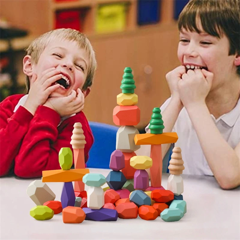 48pc bloco de construção de madeira pedra colorida bebê montessori brinquedo educativo criativo estilo nórdico empilhamento jogo arco-íris pedra brinquedos
