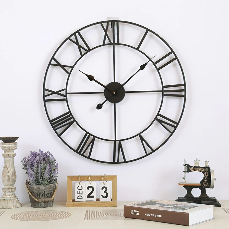 Modern 3D Iron Art Large Wall Clocks Roman Numerals Retro Round 40cm Metal Accurate Silent Nordic Hanging Ornament Home Decor