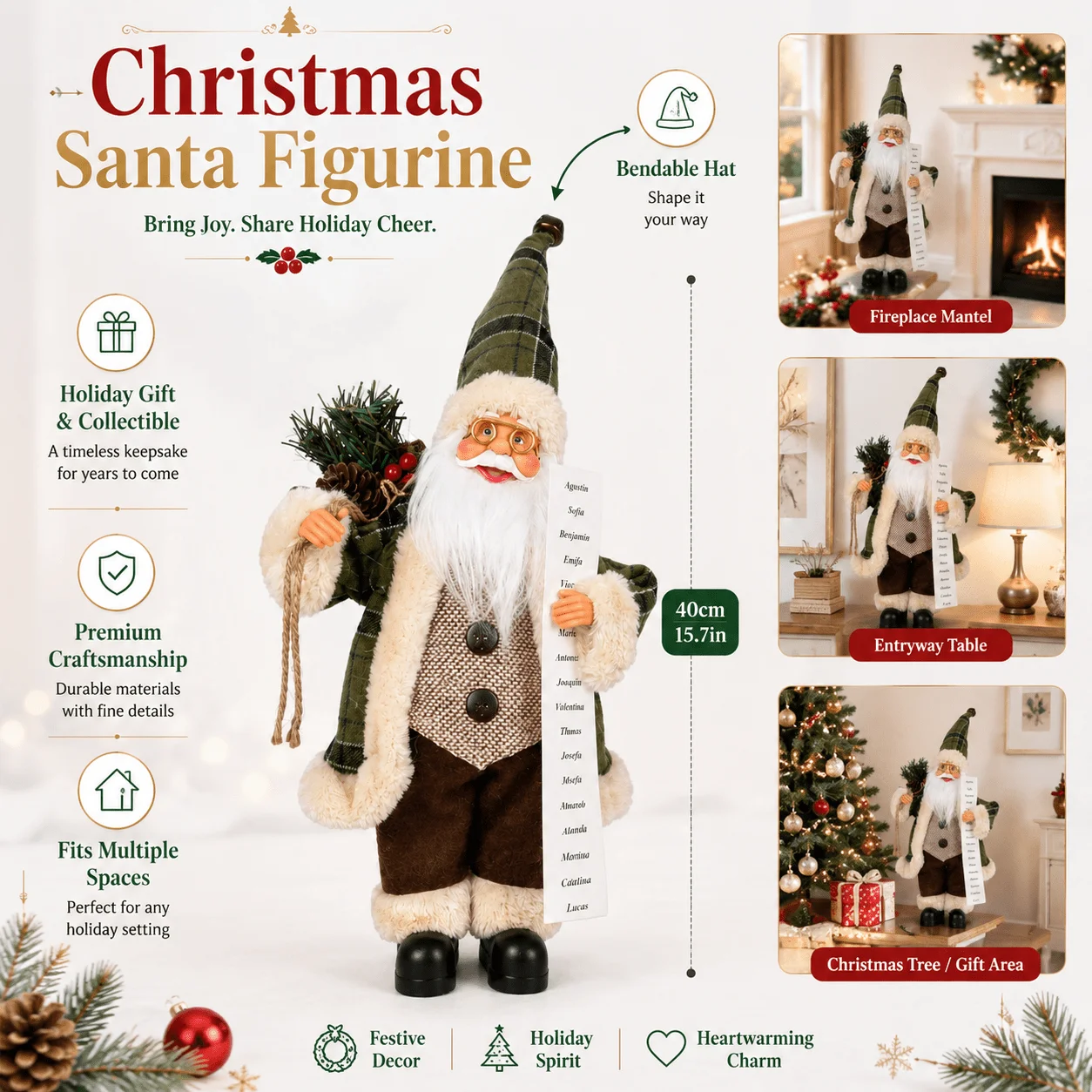 Vintage Green Santa Claus Doll 40cm Standing Plush Christmas Figurine with Faux Fur Trim Glasses and Scroll Xmas Tabletop Decor