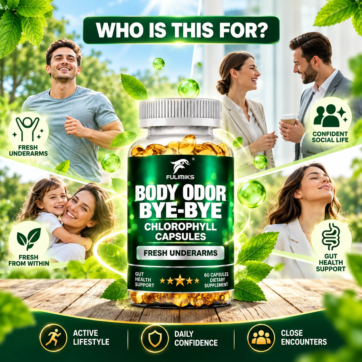 Chlorophyll Supplement, Body Odor Bye-Bye, Help Maintain Fresh Underarms, Support Gut Health, Natural Internal Cleansing