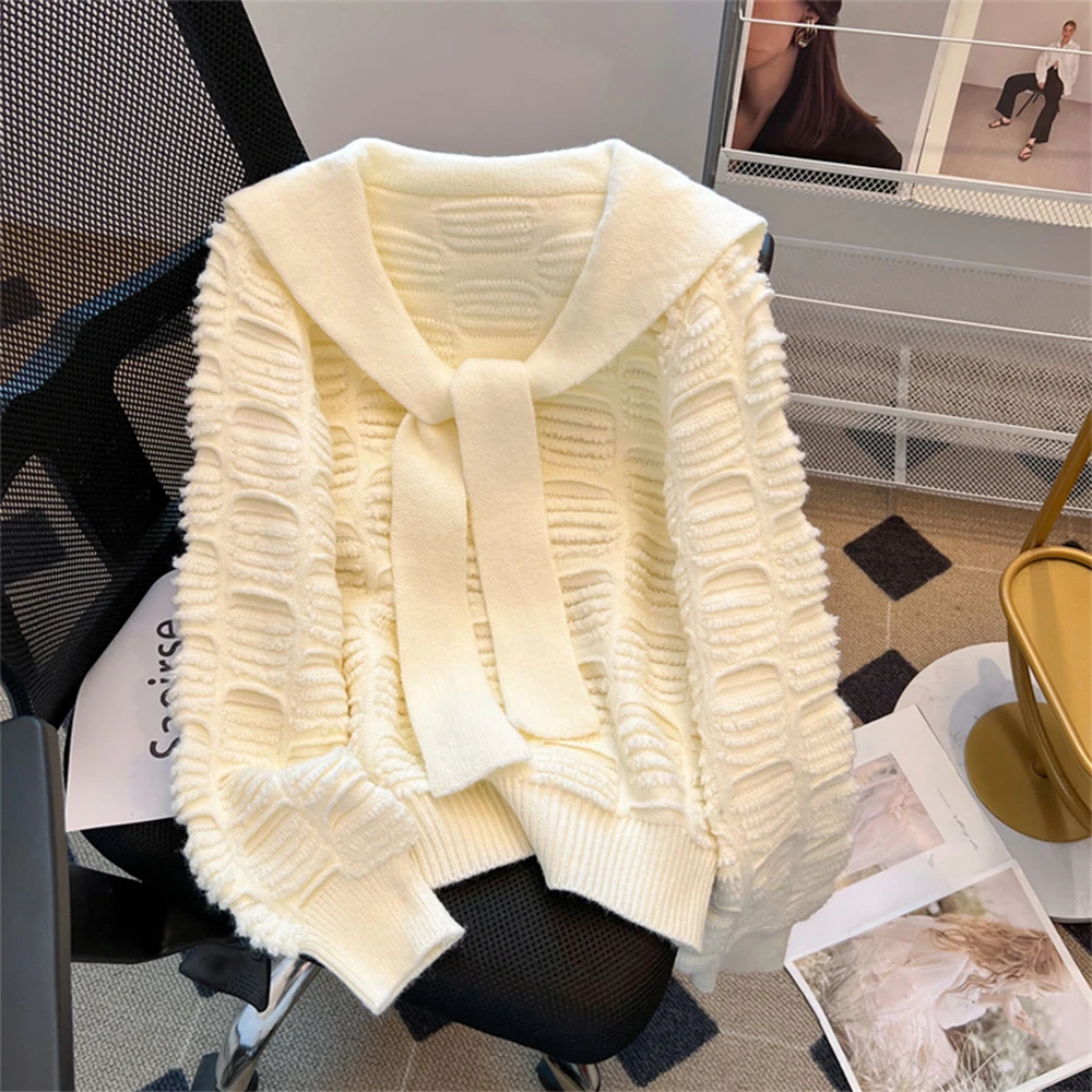 Women's White Sailor Collar Knitted Luxury Pullover Sweater Harajuku Y2k Korean Long Sleeves Sweaters Vintage 2000s Clothes 2025