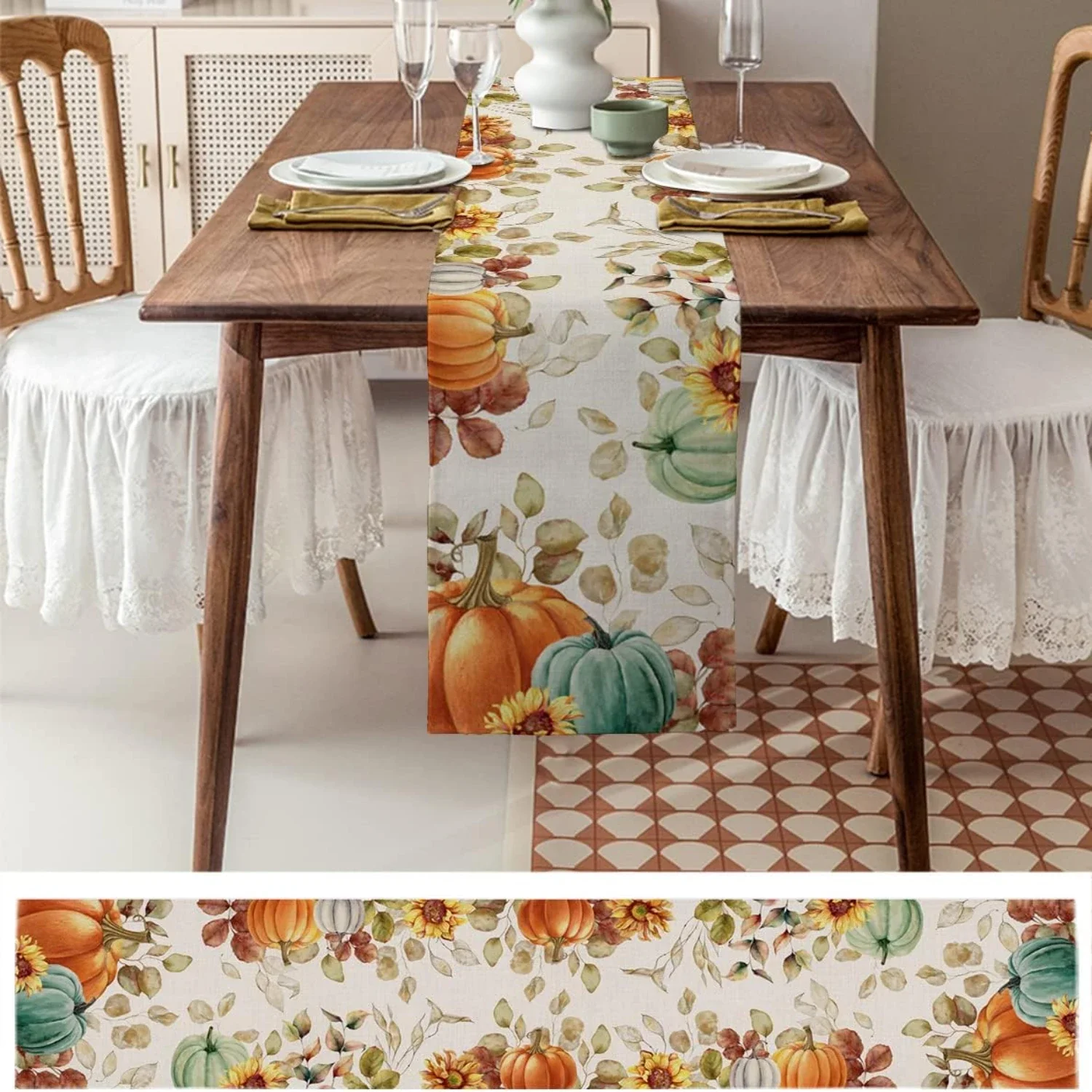 Fall Thanksgiving Eucalyptus Leaves Pumpkins Linen Table Runners Dresser Scarves Decor Kitchen Dining Table Runner Holiday Decor