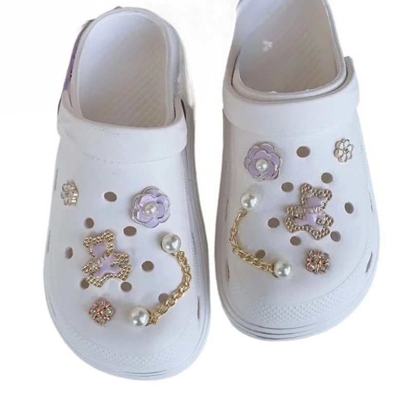 

10 шт., подвеска для обуви Crocs, сделай сам, высококачественный фиолетовый медведь, жемчуг, металлическая пряжка для украшения обуви, подвески в форме крокодила, аксессуары для обуви с отверстиями