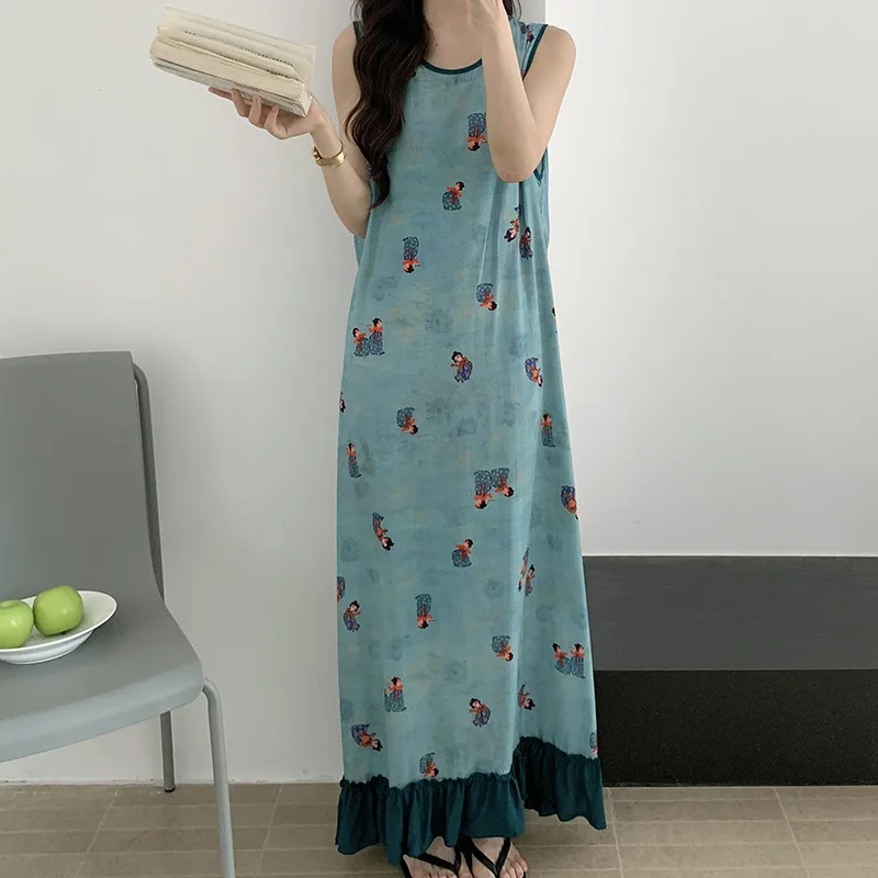 

New Chinese Style Tank Top Nightdress Printed Women's Summer Thin Cotton Silk Home Wear Can Be Worn outside Long Dress