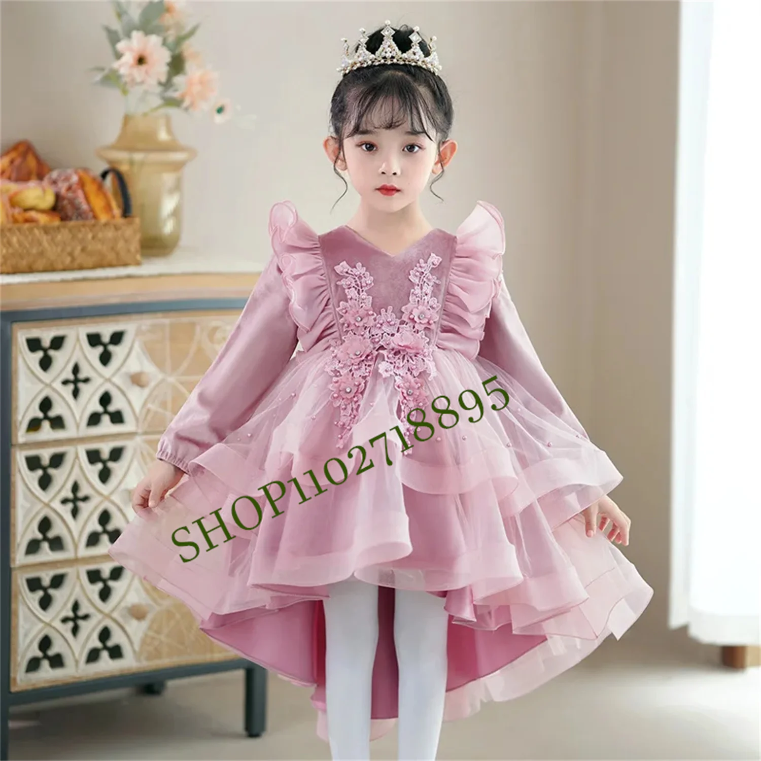 

Tiered Ruffles Appliques Long Sleeve Flower Girls Dresses Princess Child Ball Gown Kids Formal Special Occasion Custom