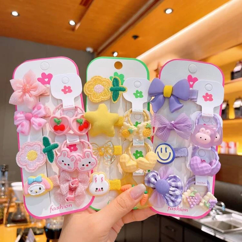 10pcs/set Children\'s Cute Cartoon Hair Accessories Side Barrettes Little Girls\' Elastic Bands Hair Rings Baby Hairpins Combinati